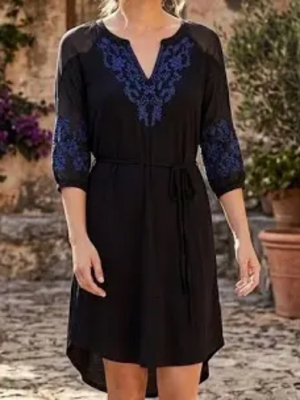Lucky Brand Black High-Low Dress with Blue Embroidery